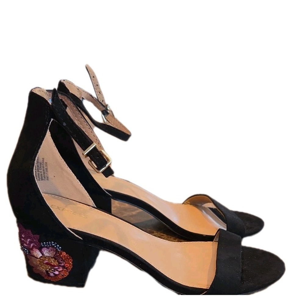 Express Women Chunky‎ Heels US Size 8 Black Open Toe Ankle Strap Sequin Beaded
